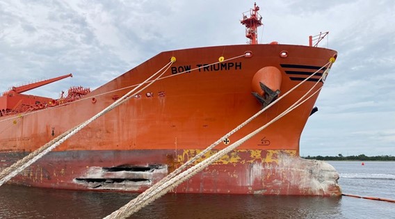 Bow Triumph at the Odfjell Terminal in Charleston on Sept. 8, 2022, showing damage to the vessel’s starboard side.