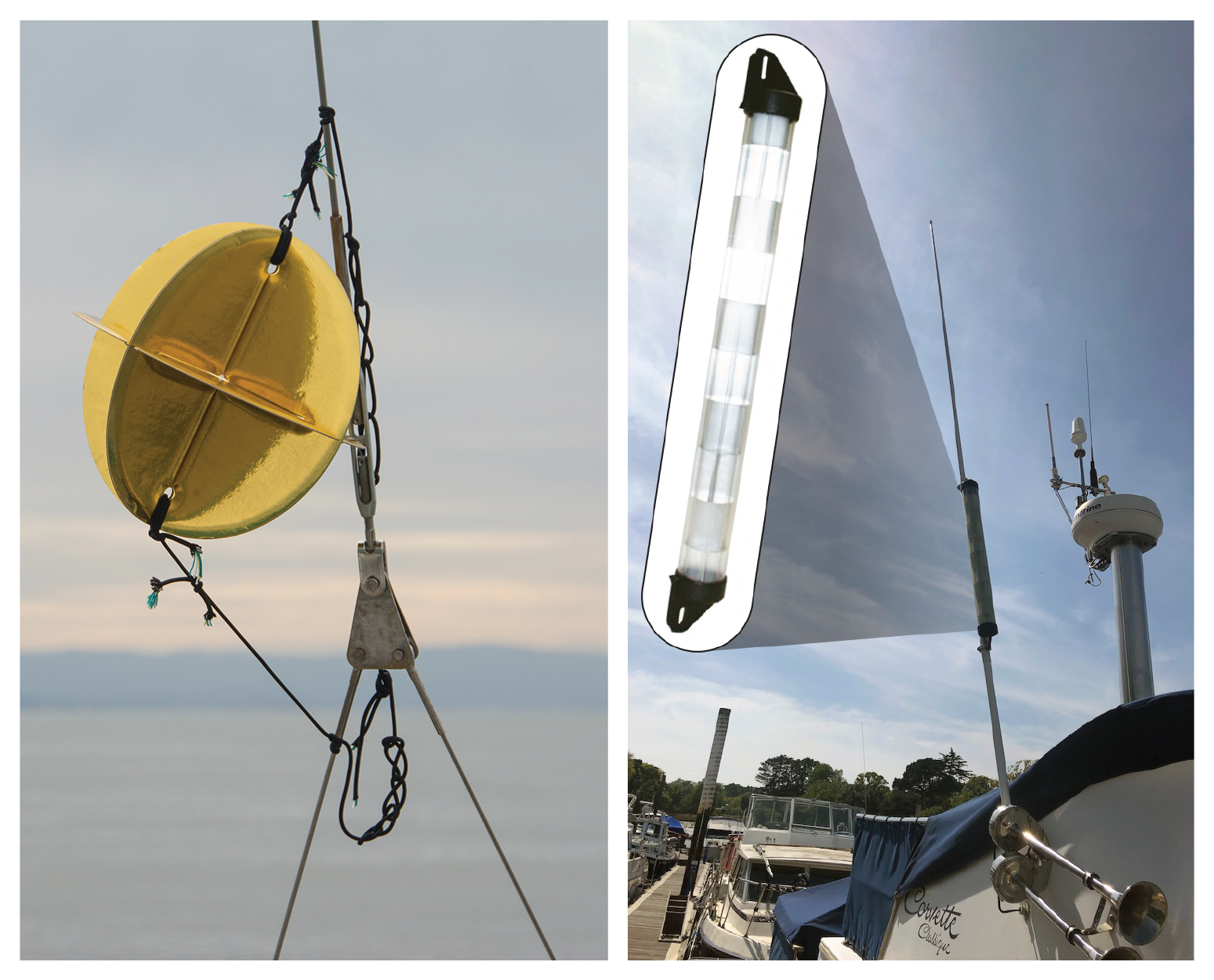Exemplar radar reflectors mounted on small vessels.