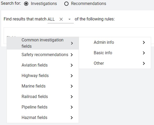 CAROL advanced search field selection dropdown.