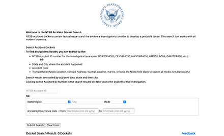 NTSB’s comprehensive Accident Docket Search is here!
Now you can search for accident docket data all in one place. 
Try it now.