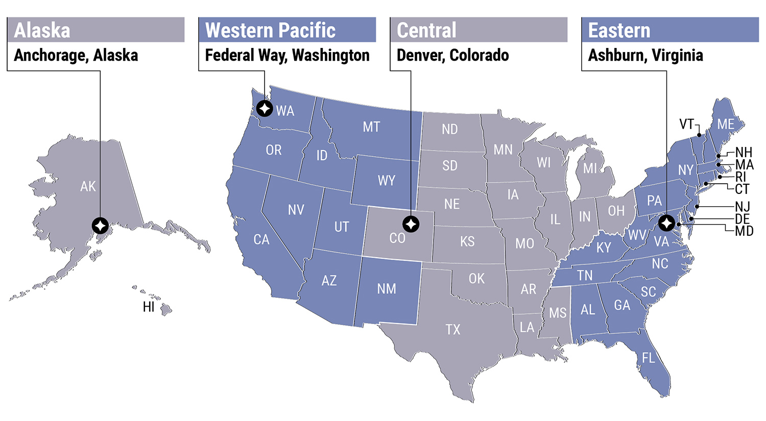 Map of the US showing NTSB regions