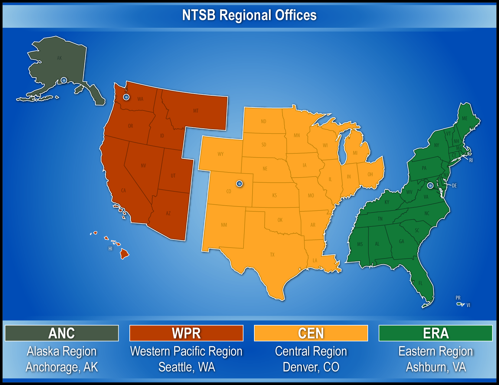 Map of the US showing NTSB regions