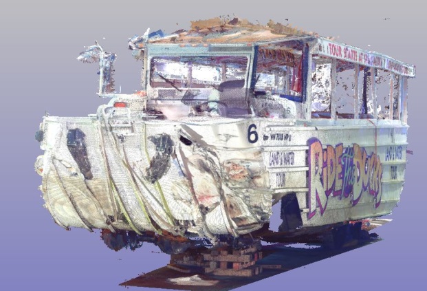 Figure 1:  Linked 3D laser scans depicting frontal damage on the accident DUKW vehicle.