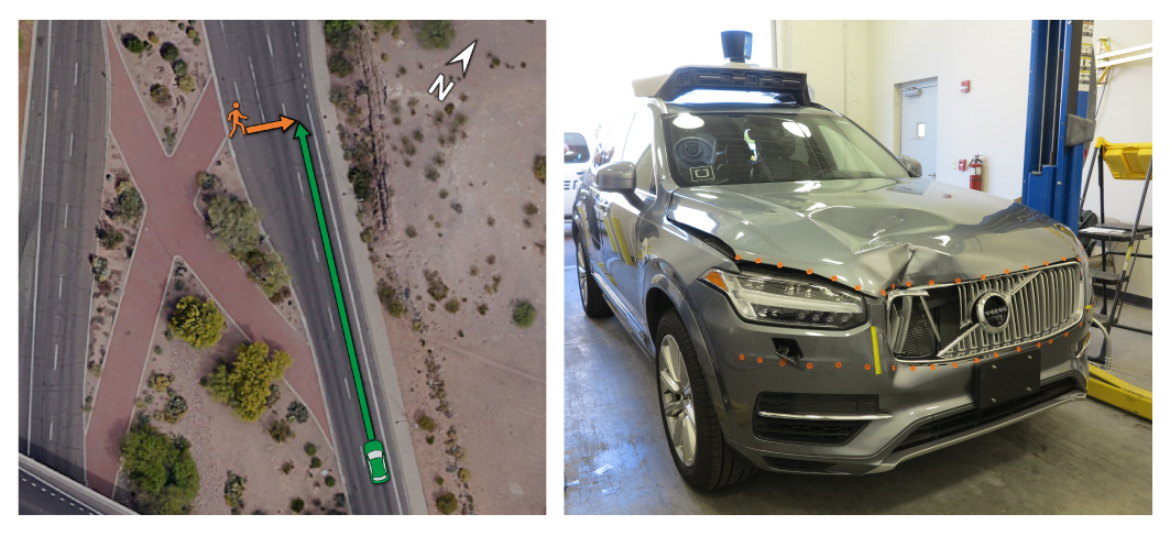 image of location of crash on left, image of damaged Uber vehicle on right