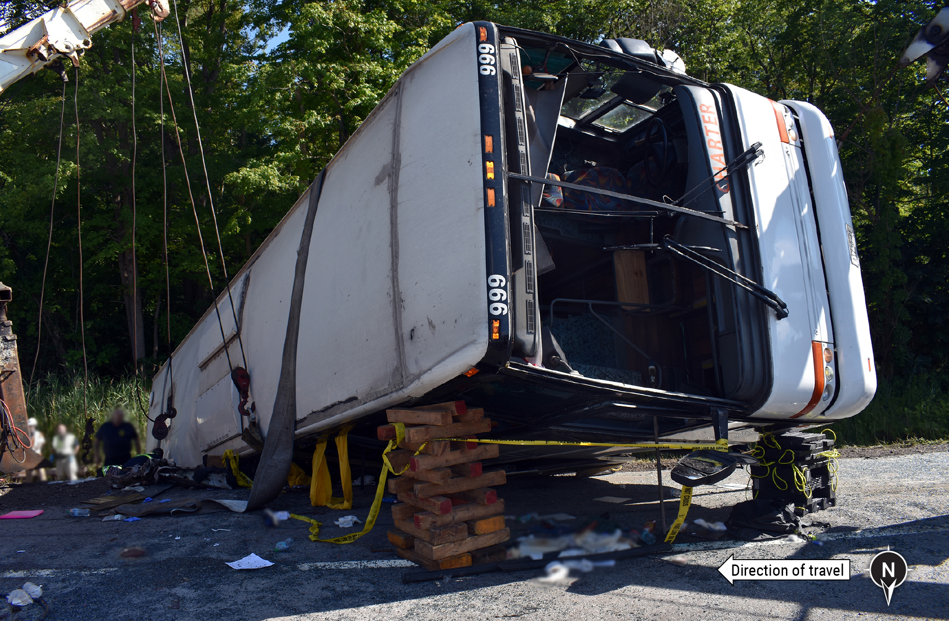 The motorcoach at the crash scene on eastbound I-90.