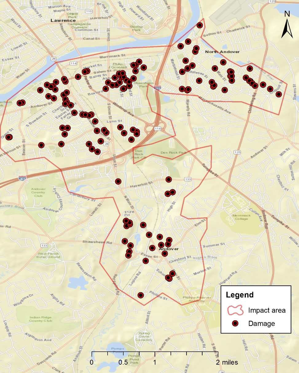 Map of area impacted by accident depicting structures that were damaged.