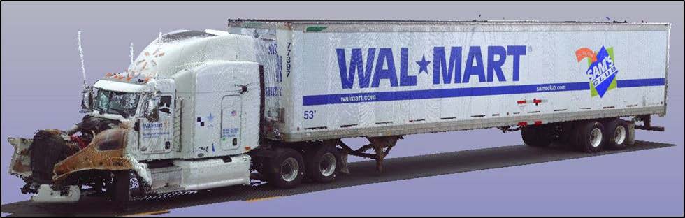 Three-dimensional scan image showing damage to the Walmart Transportation truck from the driver side.