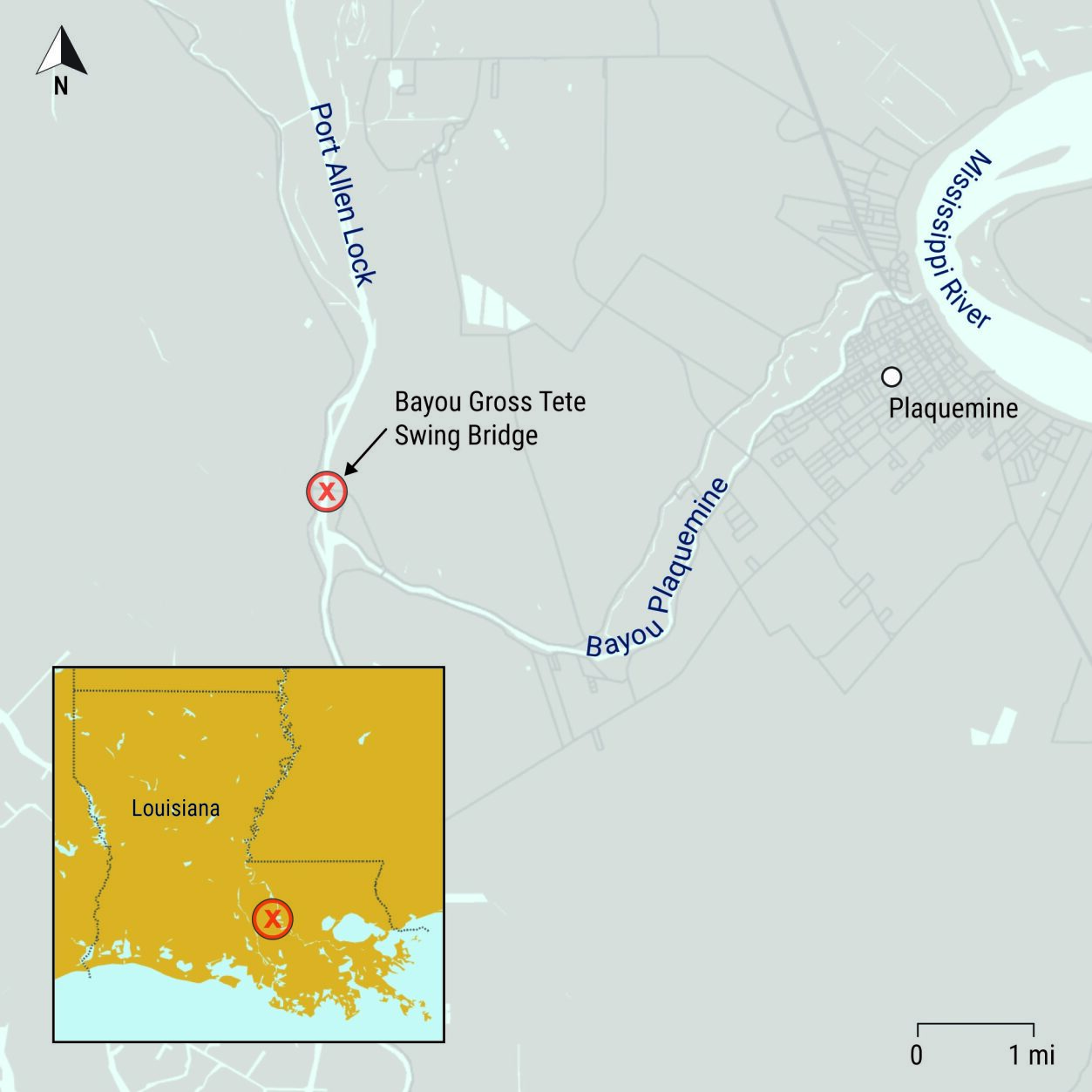 Map of area where the towm pushed by the Joseet, struck the Bayou Gross Tete
