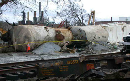 Photo of ruptured chlorine tank car during unloading.