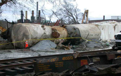Photo of ruptured chlorine tank car during unloading.