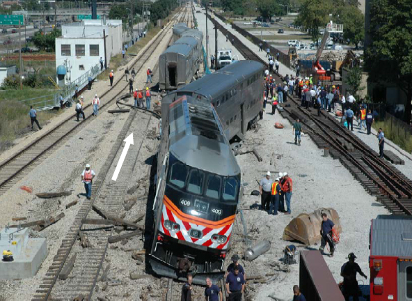 Photo of Train after derailment. (It was operating in push mode and traveling in the direction of the arrow.)