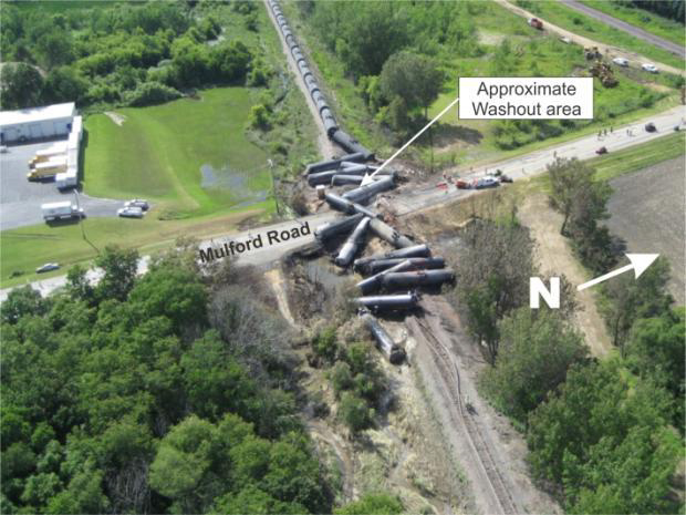Aerial view, looking northwest, of derailed tank cars after locomotives and first 58 cars have been pulled away from wreckage.