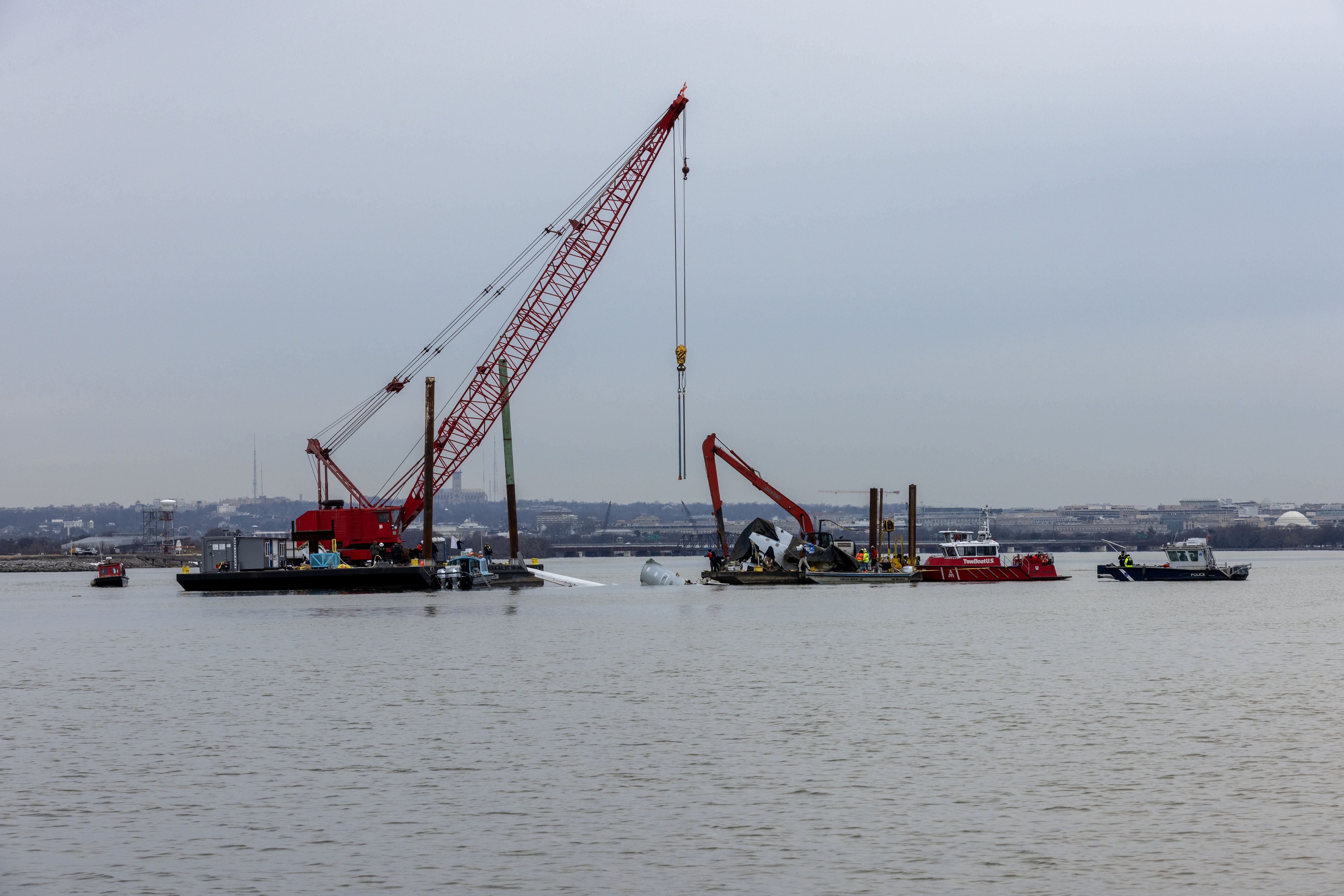 The NTSB, in coordination with the U.S. Navy Supervisor of Salvage, recovering wreckage of the Bombardier CRJ700 on Feb. 3.