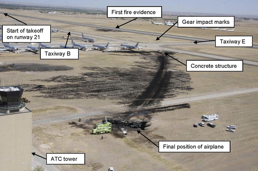 Aerial view of wreckage path.