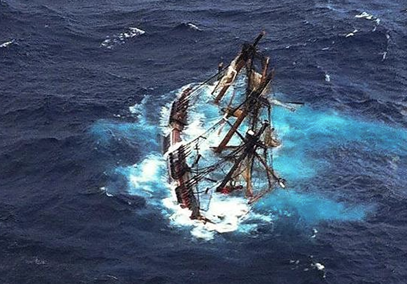 The Bounty, photographed from a Coast Guard aircraft above, before the vessel sank. 
