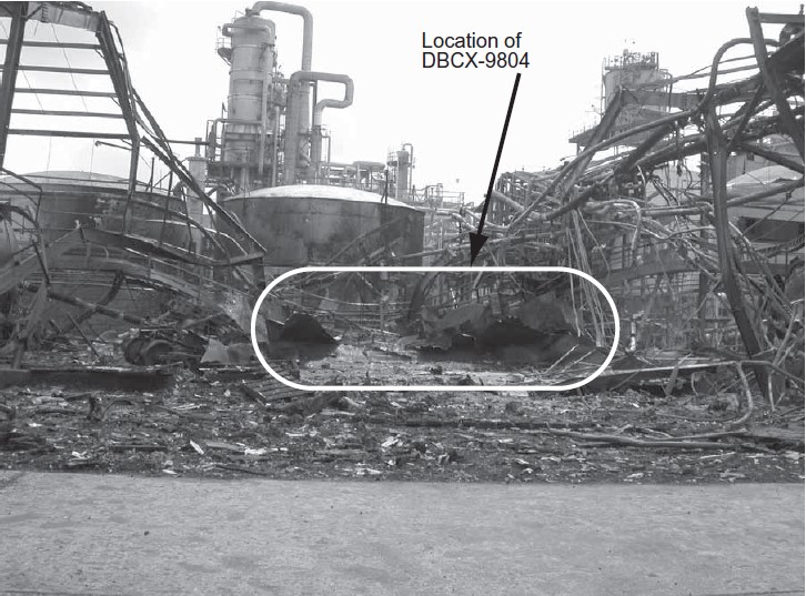 Photo of damage to transfer area caused by catastrophic rupture of tank car DBCX 9804.