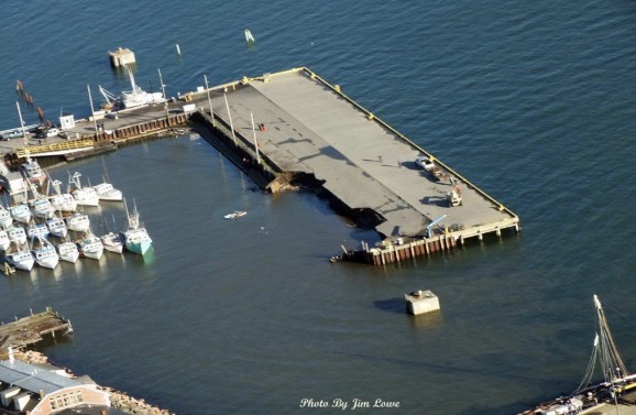 Aerial photo of the Eastport, Maine, breakwater pier after collapse. 