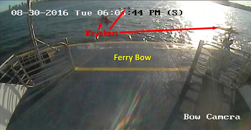 Screen capture from video camera on the bow of New York Waterways ferry, moments before the collision with kayakers.