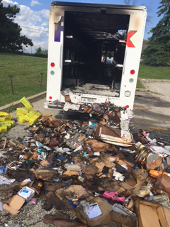 Photo of The fire damage to the FedEx truck and its contents.
