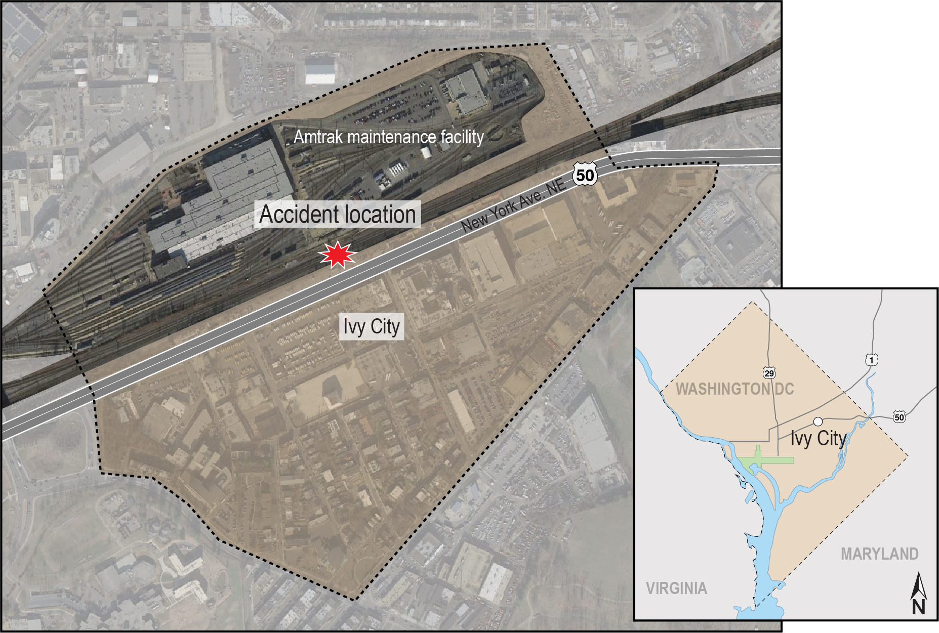 Map graphic of accident site in Washington, DC.
