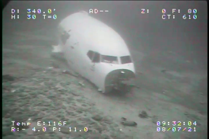 Image taken July 8, 2021, the forward fuselage of Transair flight 810 is seen as it rests on the ocean floor.