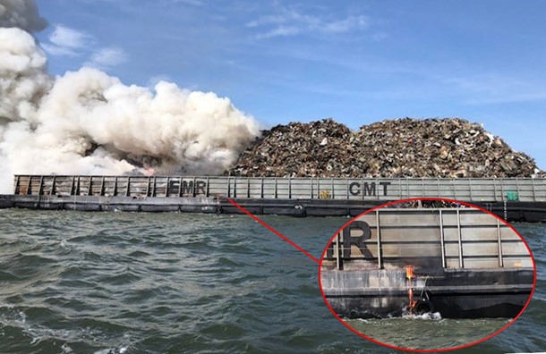The scrap metal fire aboard the CMT Y Not 6 on the morning of May 23, 2022.