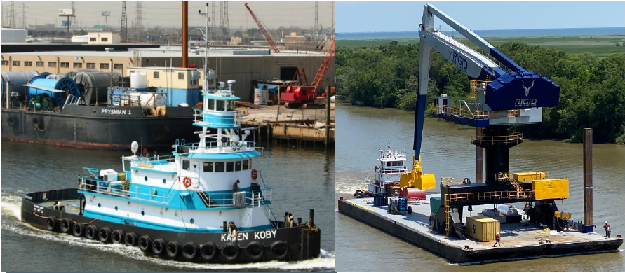 Left: Towing vessel Karen Koby before the casualty. (Source: LA Carriers) Right: Crane barge Ambition before the casualty