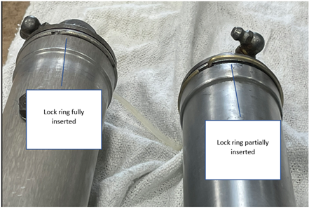 Examples of horizontal stabilizer actuators and lock rings. On the left, the lock ring is fully inserted, and, on the right, the