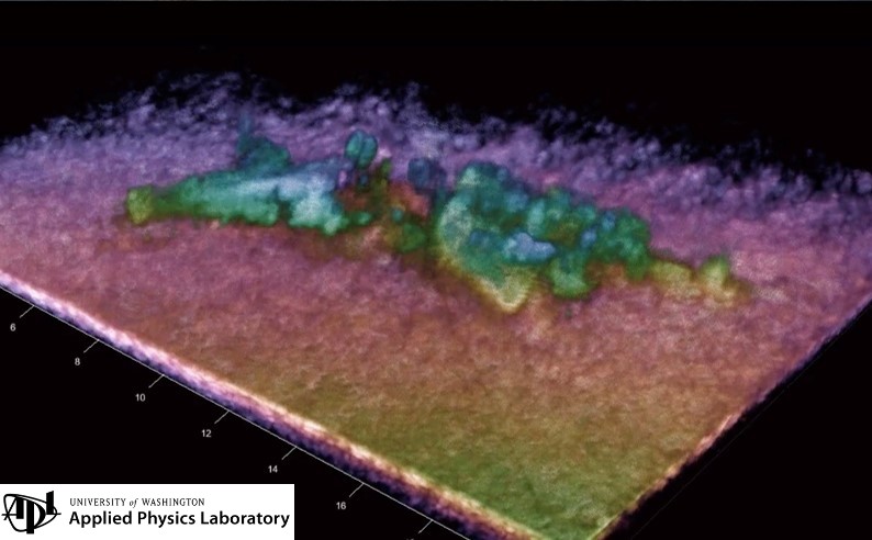 An image of the wreckage on the seafloor, computer processed from data taken on September 10 by the University of Washington’s v