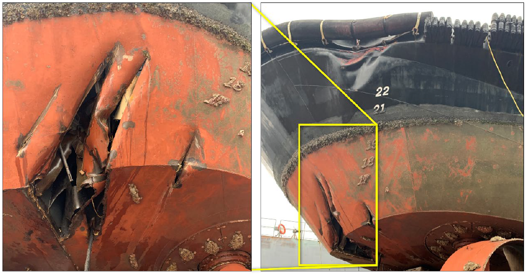 Damage to Mark E Kuebler stern hull and fendering system from the Nisalah propeller. (Source: NTSB)