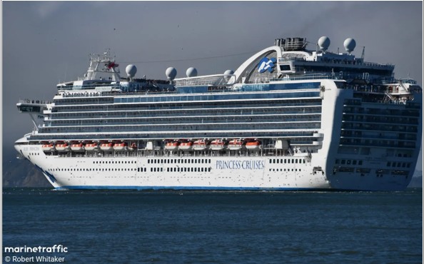 Ruby Princess underway in San Francisco Bay on September 4, 2023, after the contact. 