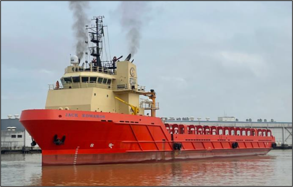 Jack Edwards arriving at a repair shipyard in April 2024 after the collision. 