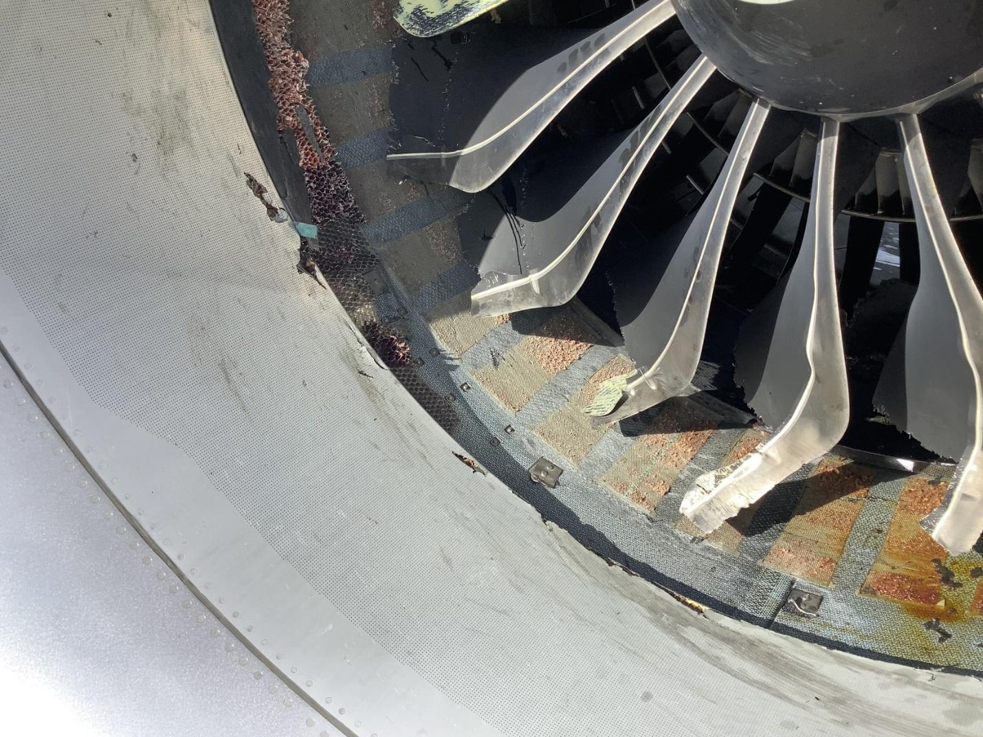 Close-up photo of damage to the left engine.