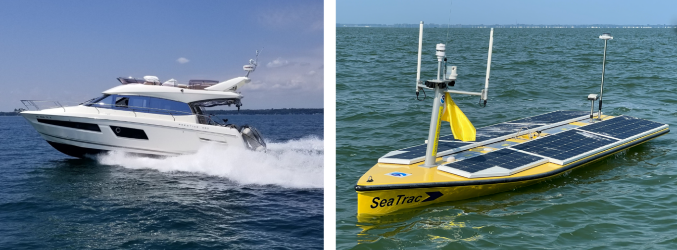 Prestige 450 Flybridge recreational vessel (left) and NOAA USV (right) underway before the collision. (Sources: Recreational ves