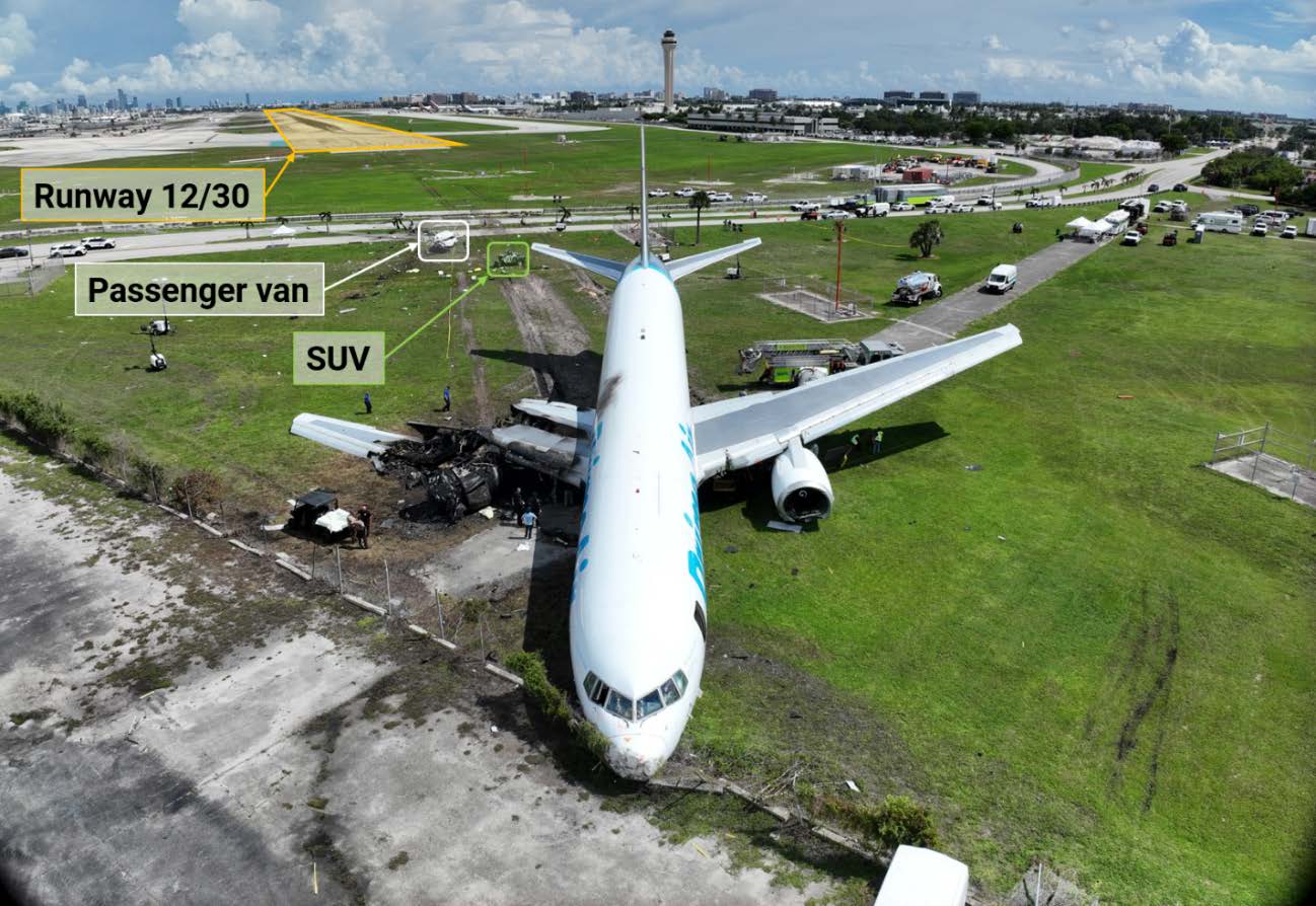 An aerial view of N1997A showing the relative location of the two impacted ground vehicles.
