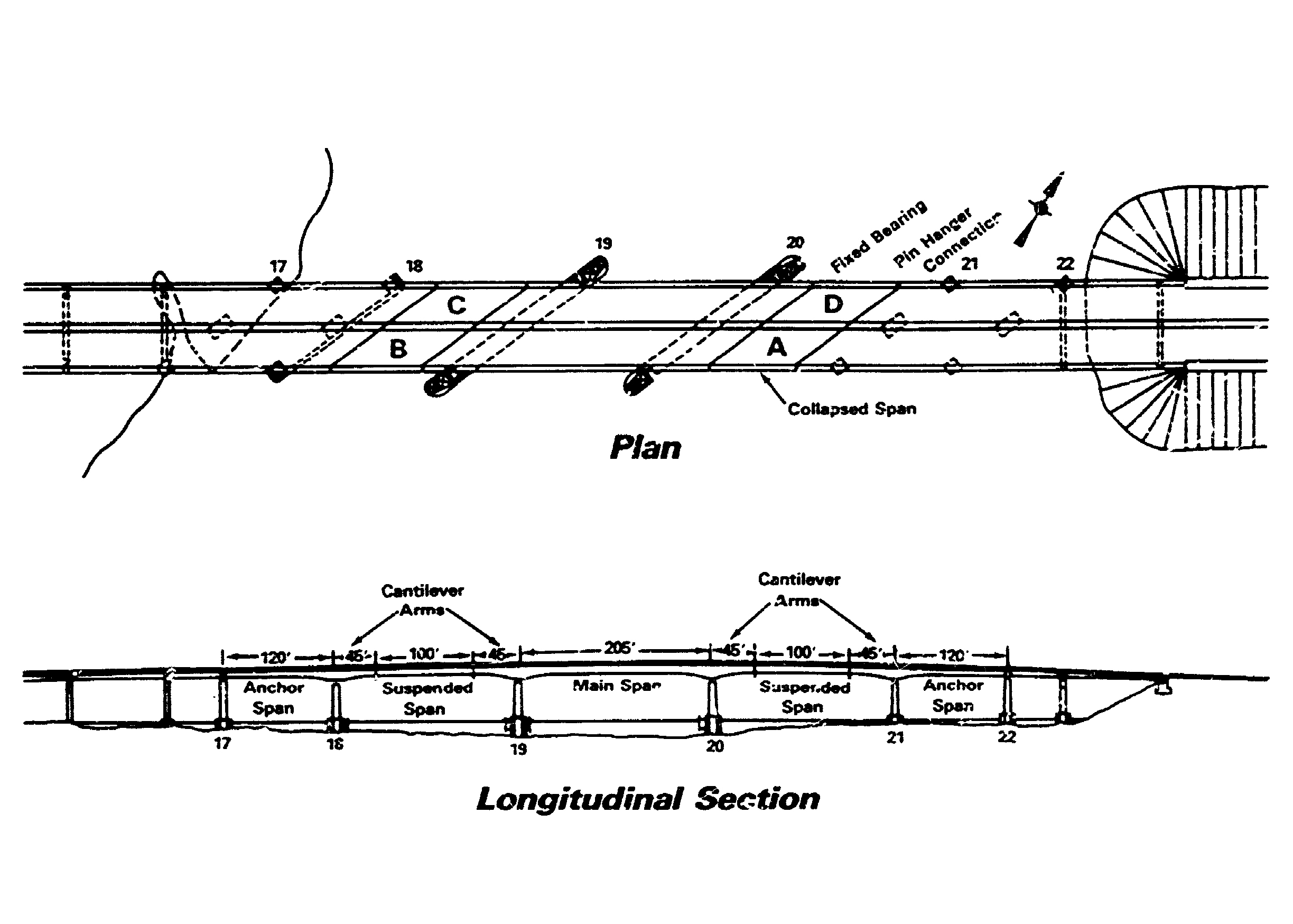 Plan view (top) and longitudinal view (bottom) of the Mianus River bridge.