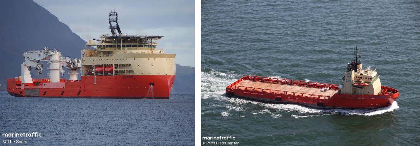 Left to right: The offshore construction vessel Island Venture and offshore supply vessel C-Enforcer underway at unknown dates. 