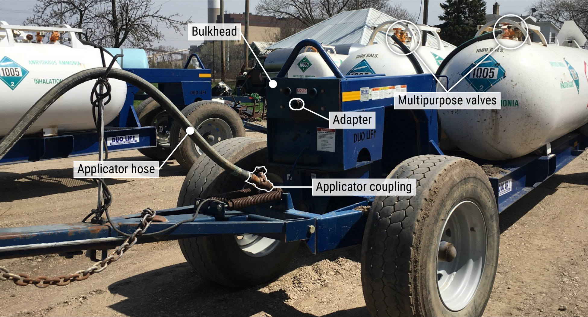 On-scene photograph of trailer and tank unit 200 showing the applicator coupling disconnected from the adapter.