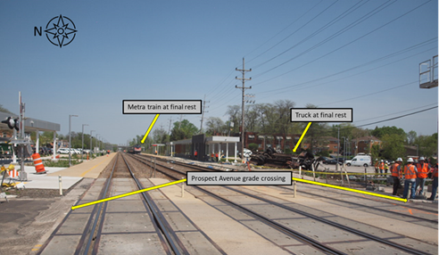 View of grade crossing looking east, showing train and truck at final rest. 