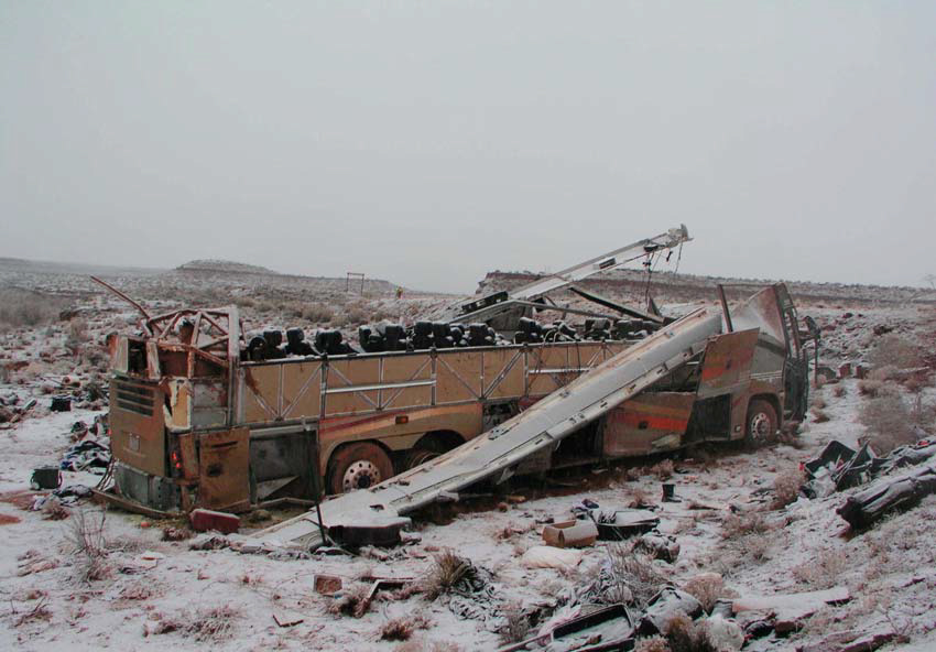 Accident motorcoach’s final location, as viewed looking back toward the route traveled.