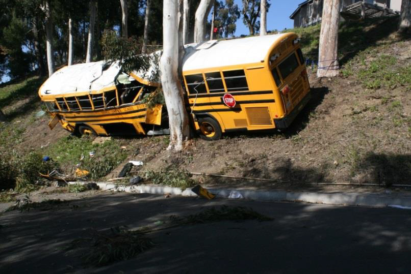 Photograph showing the school bus at final rest.