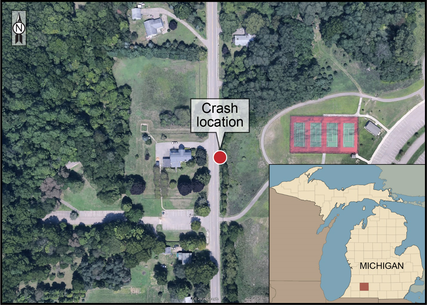 Aerial view of crash location with inset map of Michigan showing the location of Kalamazoo County.