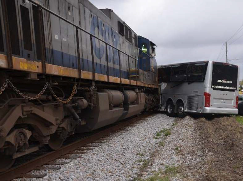 Photo of motorcoach and train final rest positions.