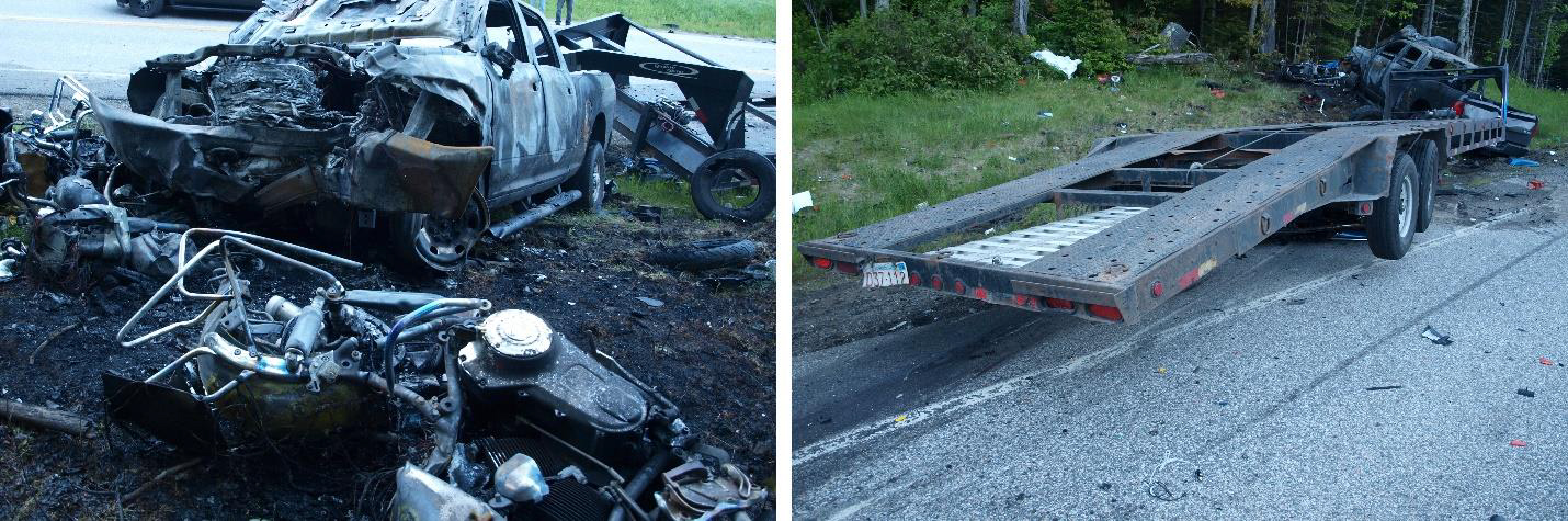 Photo of the at-rest positions of the pickup truck and two of the motorcycles (left); the trailer (right).