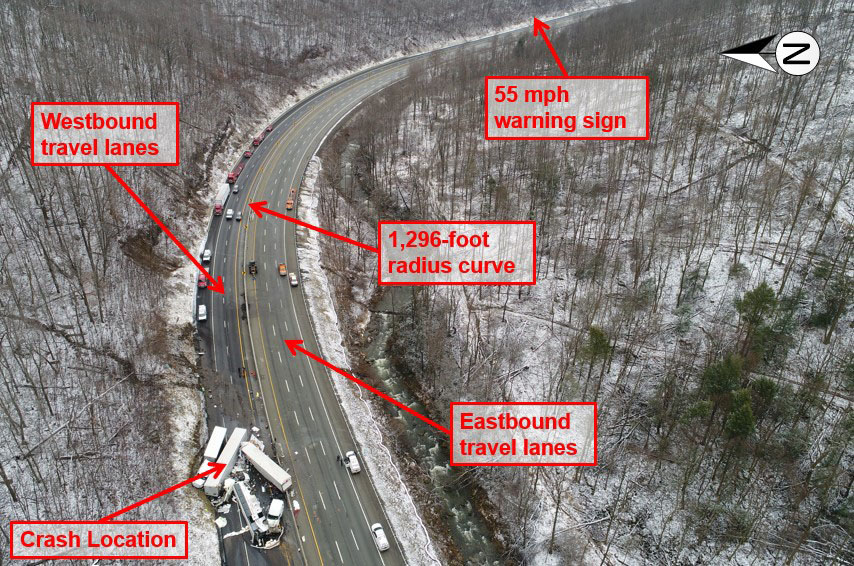 ​​​In this photo, the final rest positions of all vehicles involved in crash below the curve on westbound Pennsylvania Turnpike.