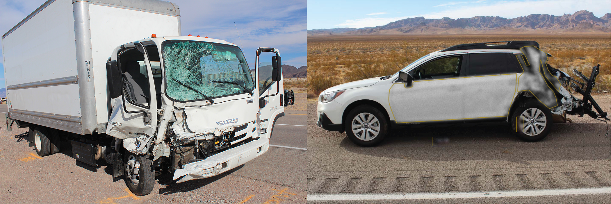Box truck (left) and SUV (right) at final rest. (Source: Nevada Highway Patrol; photo of SUV has been redacted by the National T