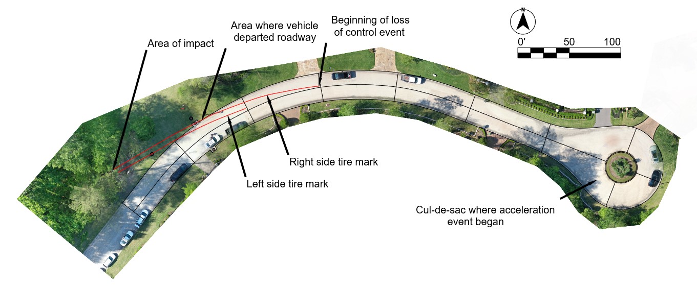 Overhead view of Hammock Dunes Place showing events in crash trip and tire evidence.