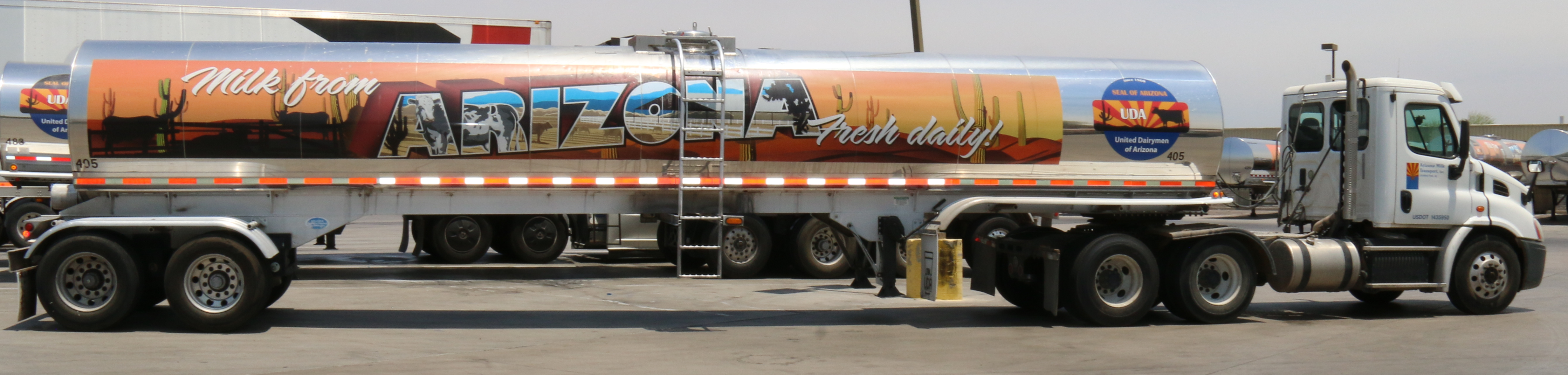 Exemplar Arizona Milk Transport, Inc. truck-tractor and United Dairymen of Arizona tank trailer.