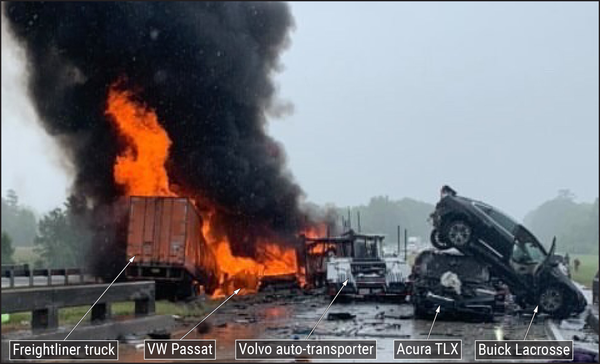  Postcrash witness photograph of crash and fire taken from northbound lanes of I-65 on  bridge crossing for Pigeon Creek. (Sourc