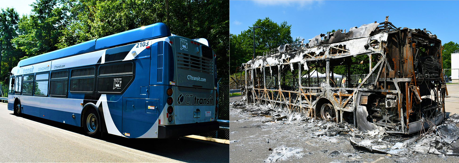 Photos of exemplar and post-fire CTtransit battery electric bus.